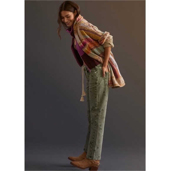 Pilcro Borrowed Boyfriend Jeans 29 Green Denim High Rise Embroidered Relaxed NEW - Picture 1 of 16